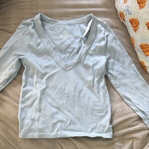 Light Blue V-Neck Ribbed Women's Top